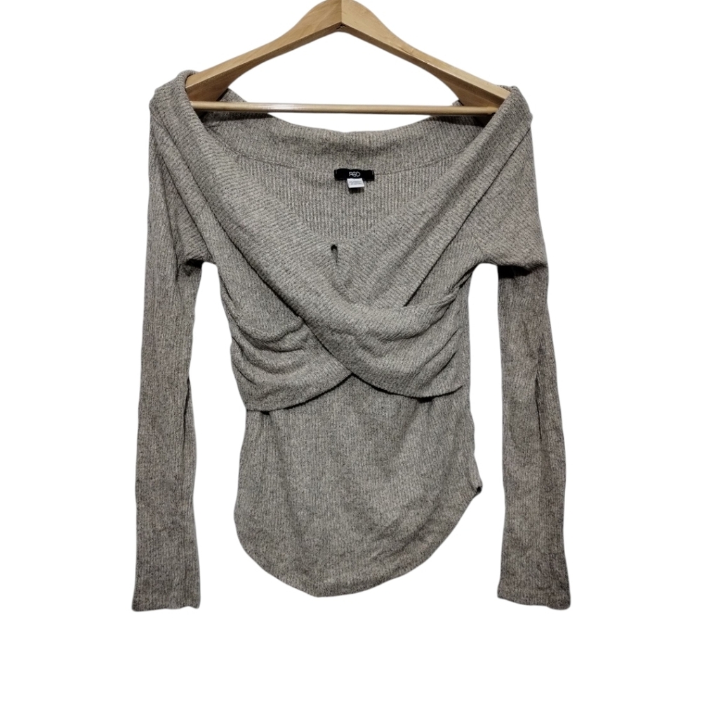 FGD Women's L Grey Wrap Ribbed Off Shoulder Long Sleeve Knit Top